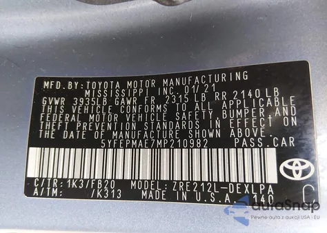 2021 Toyota Corolla Le from USA, damaged, VIN 5YFEPMAE7MP210982